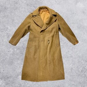 Vintage US Army WWII Era Tan Olive Wool Overcoat Military Trench Over Coat